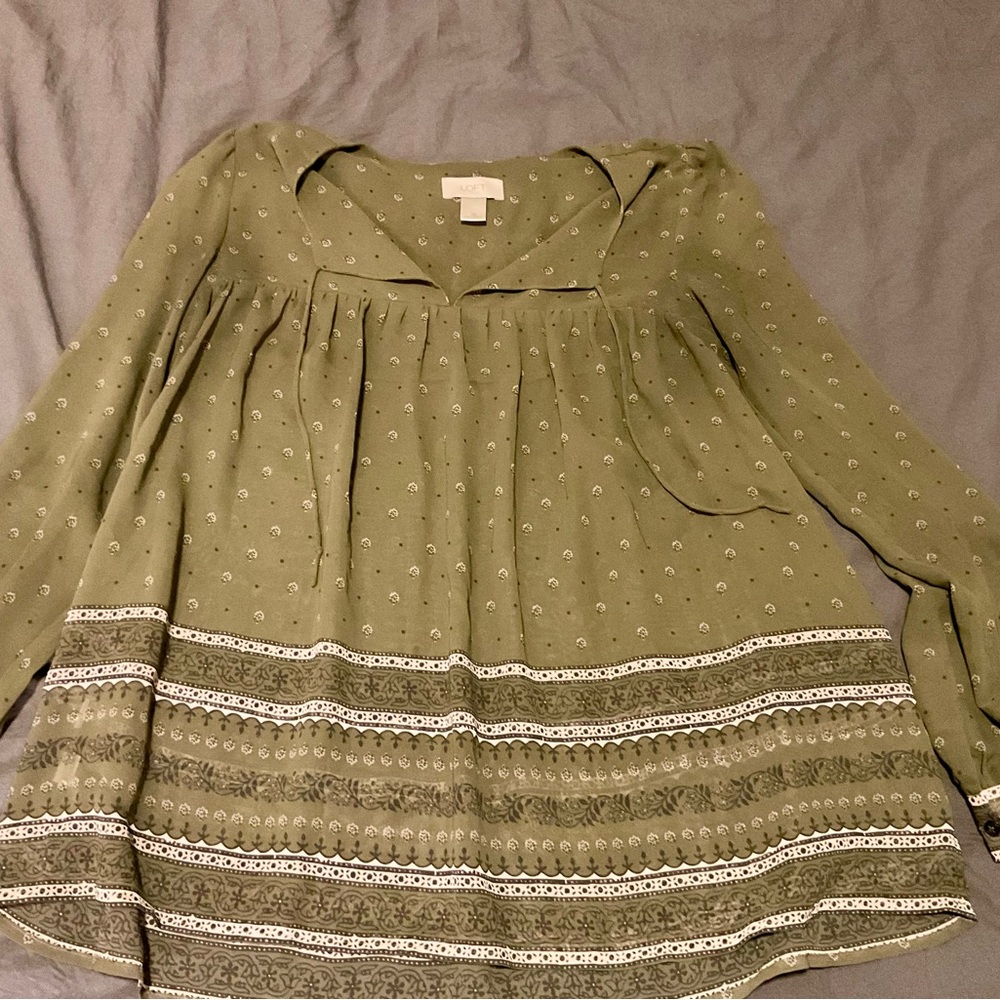 LOFT Sage Green Blouse with Patterned Hem